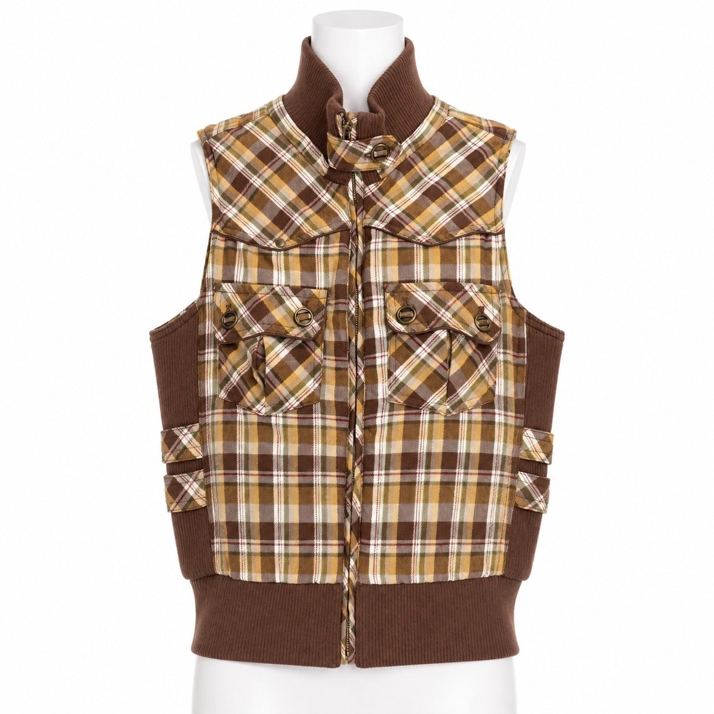 Vintage Forever 21‎ Plaid Puffer Vest Y2K Brown Utility Cropped Womens Small Zip